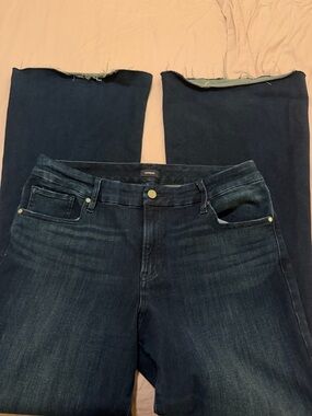 Express 70s flare jeans Large 12/14/16 mid rise dark wash raw hem stretch